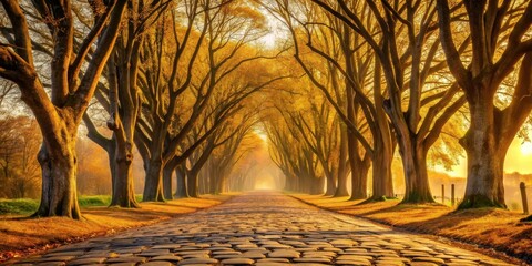 Golden Autumn Pathway A Sunlit Cobblestone Road Lined with Majestic Trees in a Misty Morning Setting
