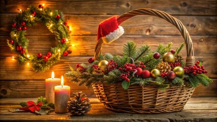A Festive Wicker Basket Overflowing with Christmas Cheer, Adorned with Ornaments, Greenery, and a Santa Hat, Nestled Beside a Lit Advent Wreath and Candles on Rustic Wood