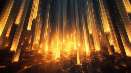 Golden light columns descending onto an intricate digital network surface, illustrating concepts of data flow, technology, and energy transmission in an abstract futuristic setting