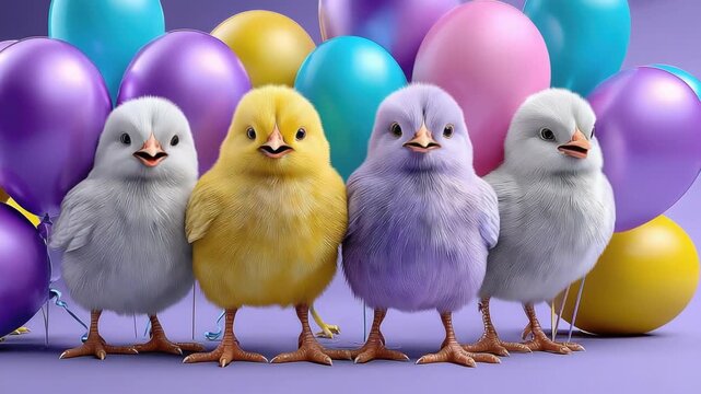 Colorful baby chicks chirping together in front of pastel balloons, kawaii spring celebration scene perfect for Easter, kids' content, party decorations, and joyful seasonal designs
