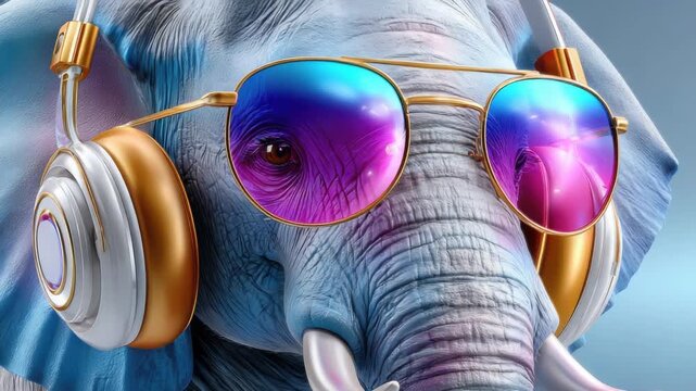 Eccentric elephant bopping to the beat with gold headphones and rainbow sunglasses, grooving at a neon lit party, vibrant, funky, and joyfully immersed in music