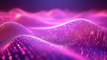 Digital wave creating a modern abstract background with glowing particles representing data flow, network connections, and advancing technology concepts in vivid purple and pink colors