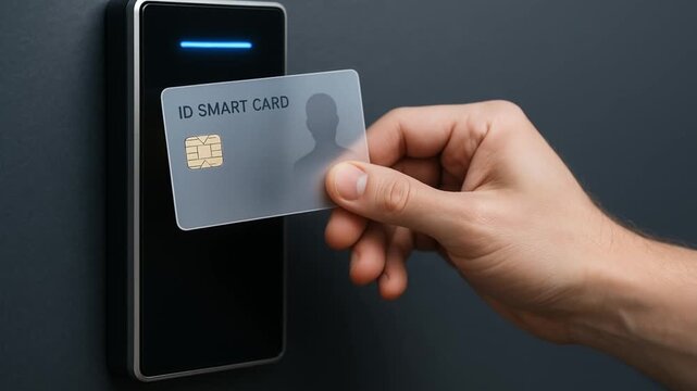 zero trust security architecture concept. Hand holding an ID card near a card reader device.