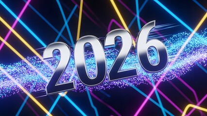 Colorful futuristic 2026 typography with neon lines modern abstract new year celebration background