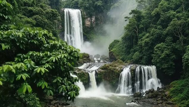 4K Aerial shot of mesmerising Nanemachi waterfall, Powerful Monsoon Waterfall Flowing from Cliff in Lush Green Sahyadri Forest, India
