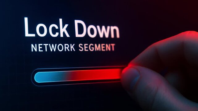 zero trust security architecture concept. Digital graphic showing a hand interacting with a lockdown switch.