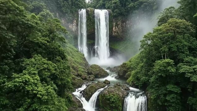 4K Aerial shot of mesmerising Nanemachi waterfall, Powerful Monsoon Waterfall Flowing from Cliff in Lush Green Sahyadri Forest, India