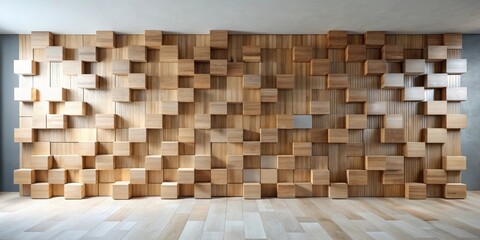 Modern Architectural Wooden Cube Wall Design Featuring Geometric Pattern and Light Wood Flooring