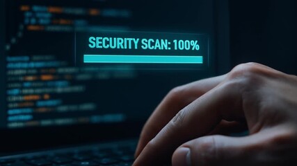 zero trust security architecture concept. A hand hovering over a keyboard displaying a security scan progress. - Powered by Adobe