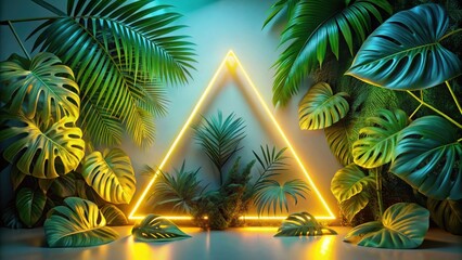 Luminous Tropical Paradise Vibrant Greenery Illuminated by a Glowing Triangle Frame