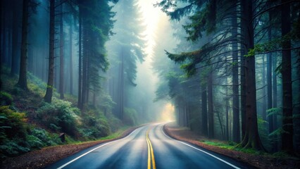 Serene winding road through a mystical evergreen forest bathed in soft morning light