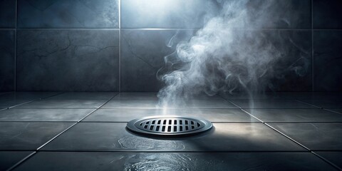Steam rising from a floor drain in a tiled room, creating an ethereal atmosphere