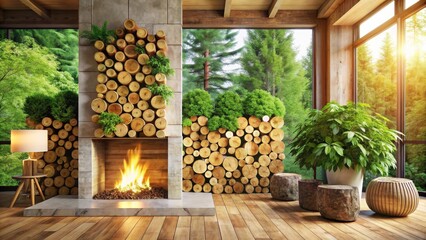 Serene woodland retreat fireplace design featuring a natural stone hearth and stacked logs adorned with lush greenery, providing a warm and inviting ambiance