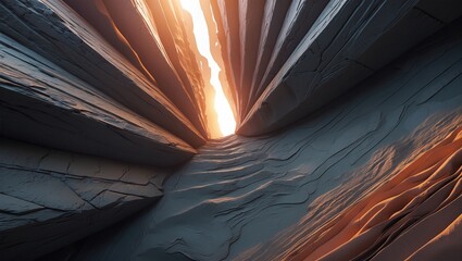 Dramatic rock formations converging towards a bright light at sunset, creating a mystical canyon atmosphere