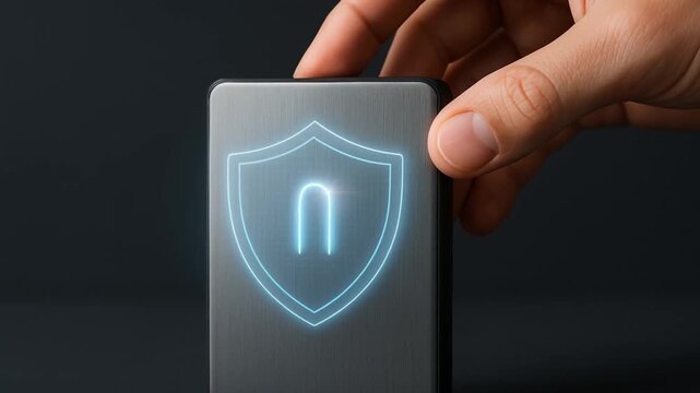 zero trust security architecture concept. Hand holding a metallic card with a shield emblem on a dark background.