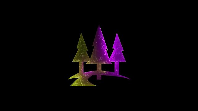 Three neon pine trees glowing with changing colors on black background motion footage graphic animation video clip