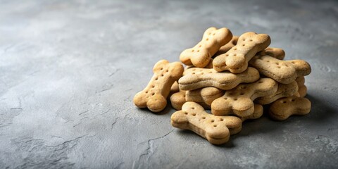 A delightful pile of bone-shaped dog biscuits rests on a textured surface, ready to be enjoyed by a furry friend.