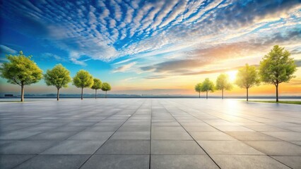 Serene Sunrise Empty Plaza with Lush Green Trees and a Vibrant Sky
