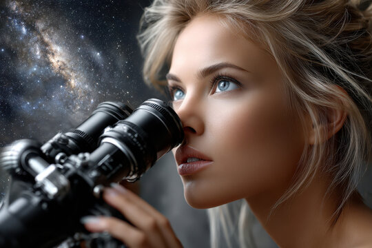 Young woman observes the stars through a telescope against a galaxy backdrop at night - Powered by Adobe