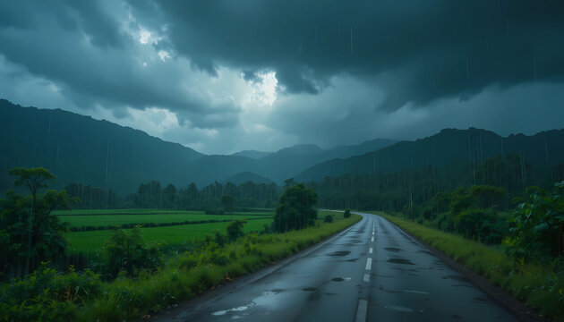 &ldquo;Monsoon season atmosphere with heavy rain falling over a lush green landscape, dark dramatic clouds, wet roads reflecting light, fresh greenery and puddles, cinematic natural lighting, realistic weat