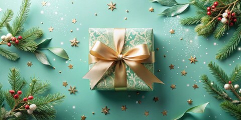 A Festive Teal Background Featuring a Gold-Ribboned Gift Box Surrounded by Evergreen Branches and Gold Star Decorations
