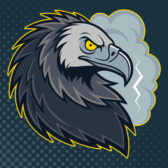 A fierce eagle's head illustration, depicted with sharp features and a piercing yellow eye, emerges from a stormy cloud with lightning. The artwork has a graphic, stylized aesthetic, suitable for embl