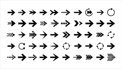 Right-Pointing Arrow Icon Set in Various Styles on White Background