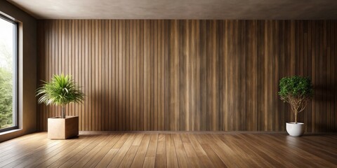 Serene Minimalist Interior Design with Wooden Wall and Flooring, Featuring Potted Plants