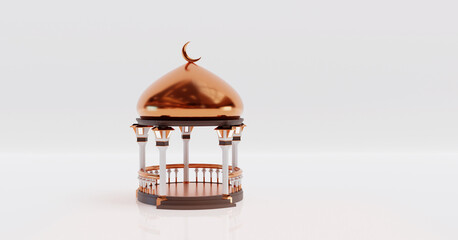 Elegant 3D mosque pavilion with a crescent moon symbolizing Islamic culture, spirituality, and Ramadan atmosphere. Perfect for Ramadan greetings, Islamic event promotions, religious social media.