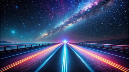 Endless Highway Under a Celestial Canvas A Vibrant Night Drive with Glowing Light Trails