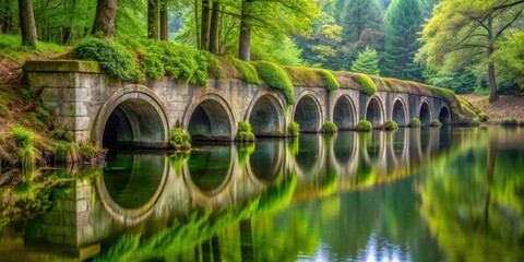 Serene Stone Arch Bridge Reflecting in a Tranquil Green Pond, Overgrown with Lush Vegetation