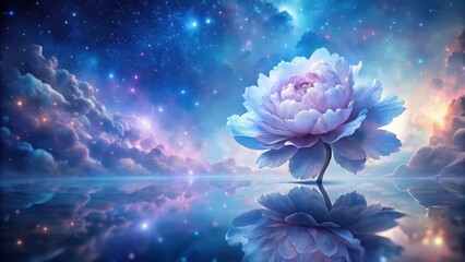 Serene dreamscape featuring a single, luminous flower reflected in a tranquil body of water under a breathtaking celestial canvas.