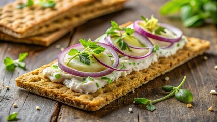 A delectable crispbread topped with creamy spread, vibrant red onion rings, and fresh herbs, rests on a rustic wooden surface.