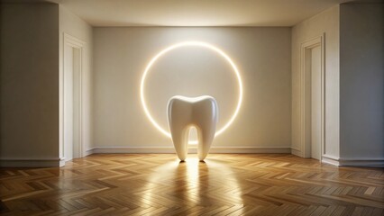 A large, pristine tooth sculpture stands illuminated within a minimalist interior, encircled by a soft, glowing halo.  The herringbone hardwood floor reflects the ambient light.