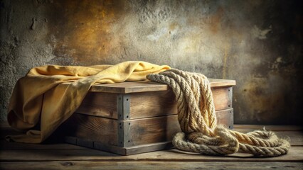 Rustic Wooden Crate with Draped Fabric and Nautical Rope, a Still Life Composition Perfect for Vintage or Maritime Themes
