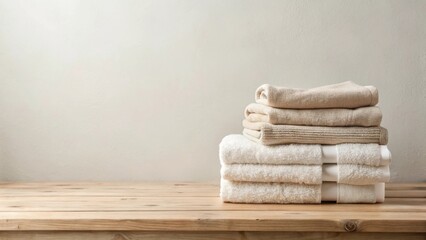 A neat stack of fluffy towels, various shades of beige and white, rests on a light wood surface against a neutral backdrop