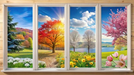 Serene Seasonal Views from a Wooden Framed Window Displaying the Complete Cycle of Nature's Beauty