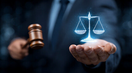 Person holding wooden gavel and glowing scales of justice legal