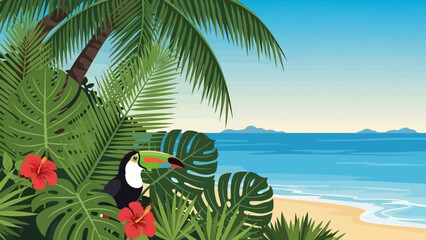 Tropical paradise illustration with toucan, palm trees and ocean view background