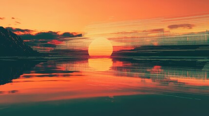 Abstract digital glitch effect distorts a vibrant sunset scene, merging natural horizon lines with pixelated bands across the sky and reflecting water surface