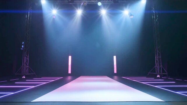 Glamorous runway fashion show with dramatic lighting and empty catwalk stage, perfect for showcasing high-end fashion and modern design.