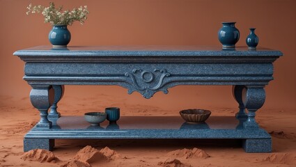 Elegant stone table with intricate design set against a warm earthy background, featuring decorative vases and bowls