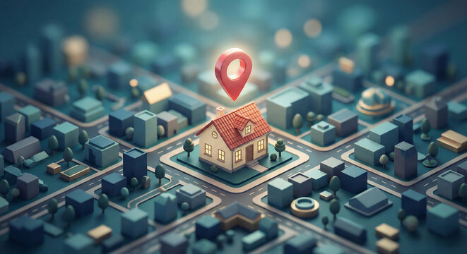 Close up of a city landscape zooming one home with location icon, representing a real estate business