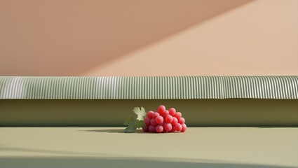 A fresh cluster of pink grapes resting on a soft green surface with a textured pastel background casting subtle shadows