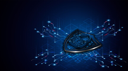 Cyber ​​security concept with shield symbol and lock. Data protection and cyber privacy. Innovative concept of advanced safety technology