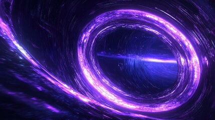 Abstract cosmic wormhole portal with swirling purple and blue vortex of glowing light, evoking futuristic data flow, time travel, quantum energy and high speed digital tunnel