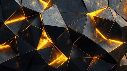 Dark, rough polygonal rock shapes dividing, revealing glowing golden fissures and radiating light from within, creating a striking abstract geometric background texture