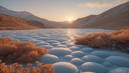 Breathtaking frozen lake with bubble formations and a warm sunrise illuminating the mountainous landscape