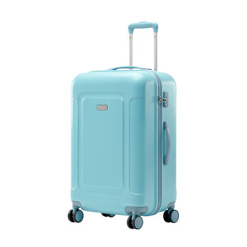 Modern light blue four-wheeled luggage with retractable handle on a plain background transparent background