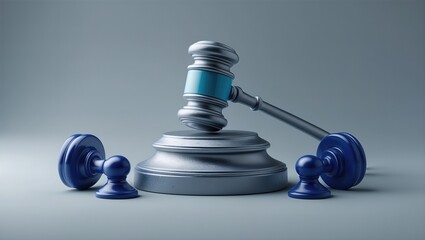 A gavel and sound block set against a minimalistic gray background, conveying themes of justice and authority